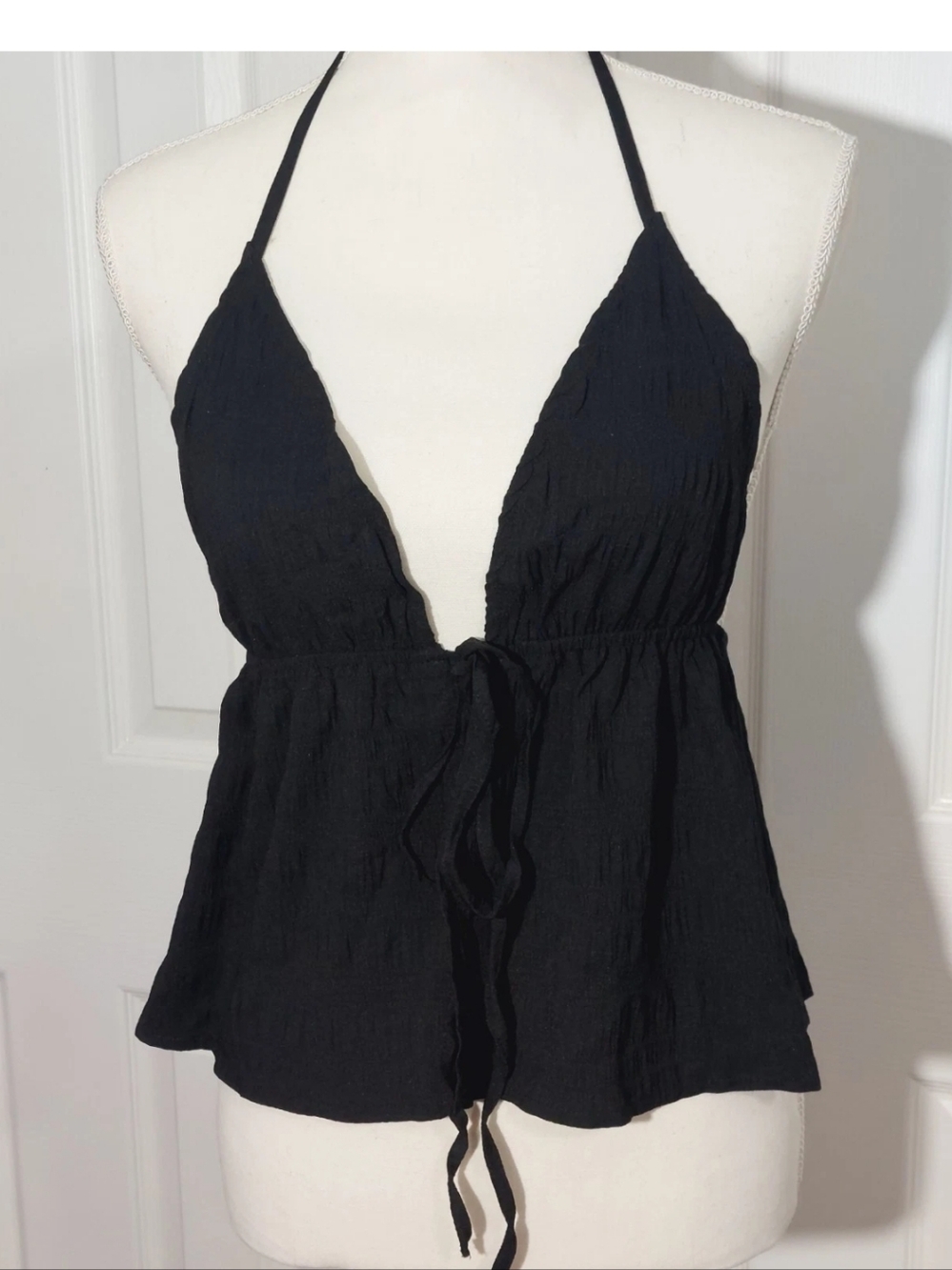Black Halter Tie-Front Peplum Tank